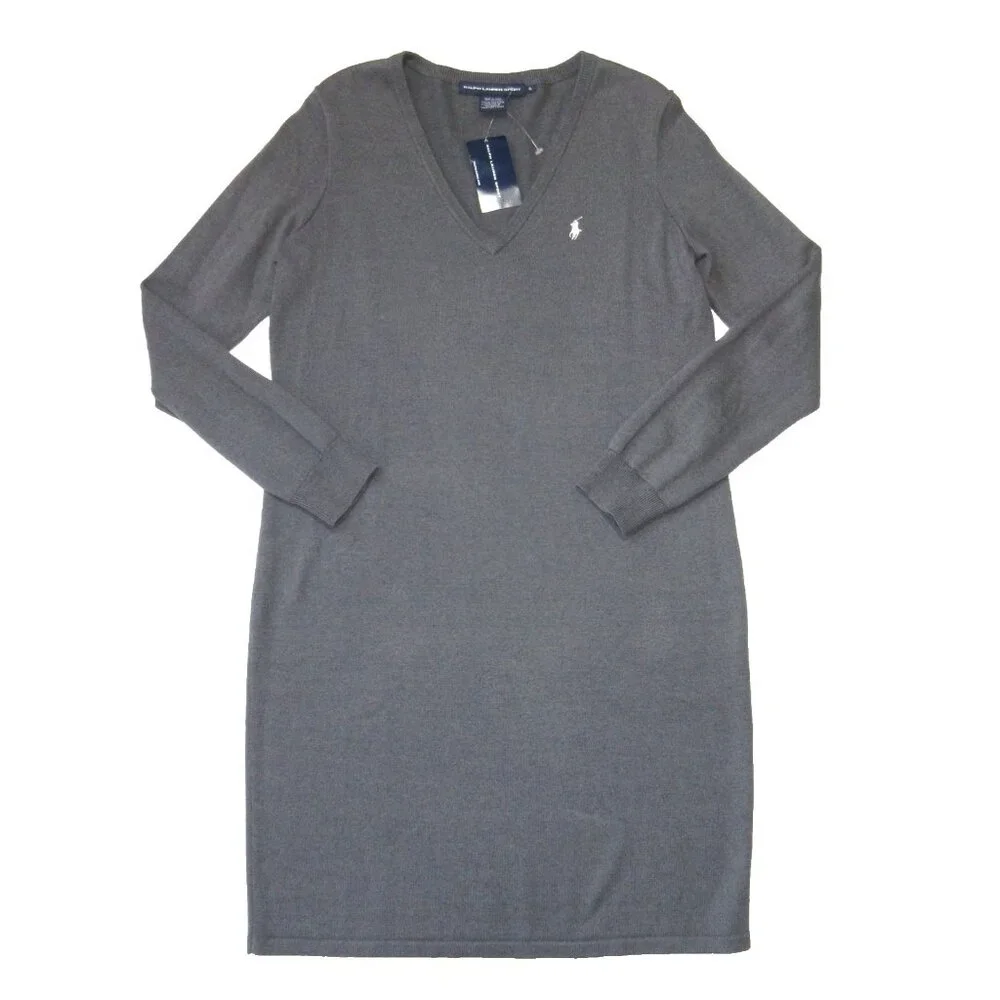 NWT Ralph Lauren Sport V-neck Shift in Gray Cotton Merino Wool Sweater Dress XL - Picture 3 of 6
